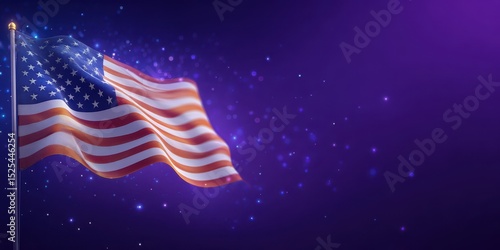 Waving American Flag with Sparkling Lights on Purple Background