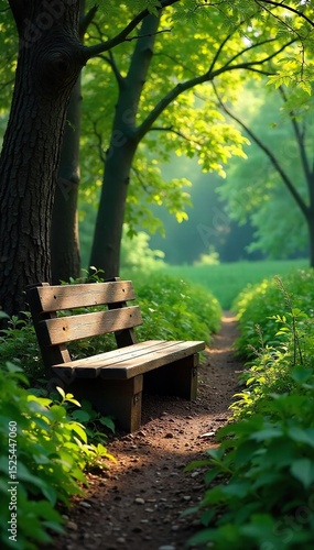 Serene woodland scene featuring a rustic wooden bench nestled amongst lush greenery, bathed in dappled sunlight Perfect for relaxation and nature imagery , environment, nature, rustic