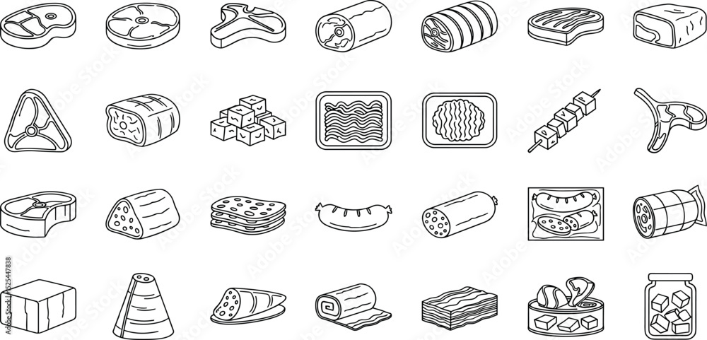 Meat product line icon set. Vector pictograms of kebab, shashlik, ground beef, tartare, carpaccio, patty, pie, casserole, thin linear illustration Meat product line icon set. Vector pictograms of kebab, shashlik, ground beef, tartare, carpaccio, patty, pie, casserole, thin linear illustration