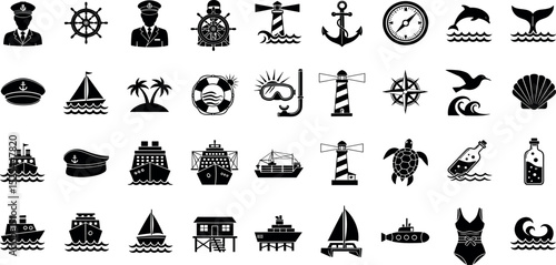 Maritime and nautical icon set. Vector glyph pictograms of ship, anchor, compass, lighthouse, dolphin, sailing, marine life, ocean travel black silhouette illustration