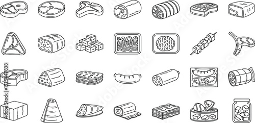 Meat product line icon set. Vector pictograms of kebab, shashlik, ground beef, tartare, carpaccio, patty, pie, casserole, thin linear illustration
