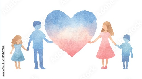Pastel Watercolor Family Holding a Heart Illustration