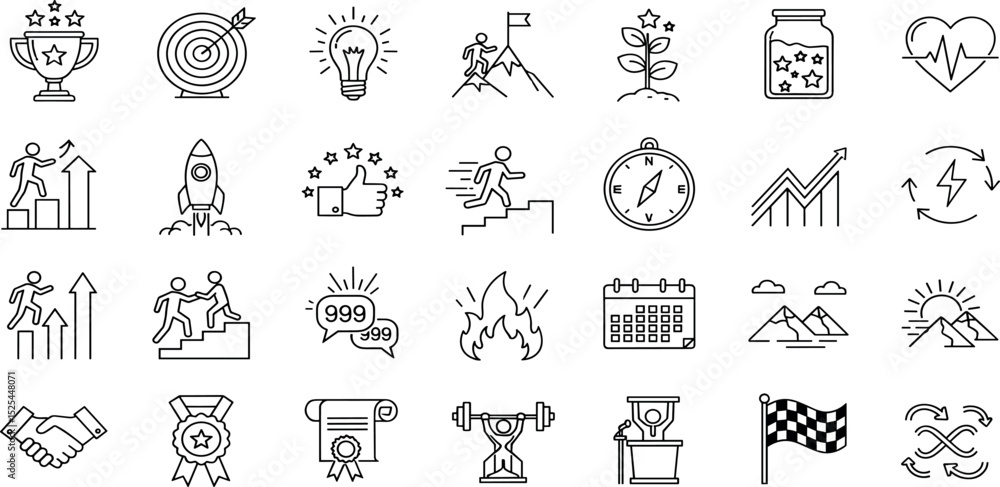 Motivation line icon set. Vector pictograms of personal growth, goal setting, perseverance, achievement, rocket launching, teamwork, passion, thumbs up thin linear illustration. Motivation line icon set. Vector pictograms of personal growth, goal setting, perseverance, achievement, rocket launching, teamwork, passion, thumbs up thin linear illustration.