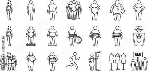 People body different weights line icon set. Vector pictograms of figure, scale, overweight, underweight, pregnant, BMI, health, thin linear illustration