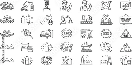 Plastic recycling line icon set. Vector pictograms of waste, conveyor, sustainability, reuse, energy, thermal, chemical, sorting process, bin, truck, logistics, thin linear illustration