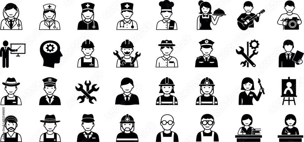 Fototapeta premium Profession occupation icon set. Vector glyph pictograms of doctor, engineer, teacher, musician, police officer, career, workforce, business black silhouette illustration