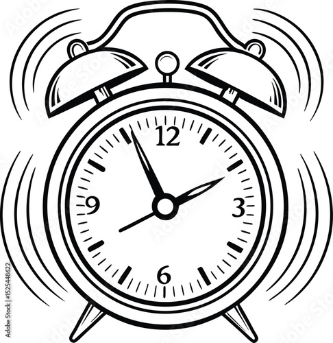 Alarm clock silhouette, ringing clock icon, vintage timepiece vector, black wakeup symbol, simple time graphic