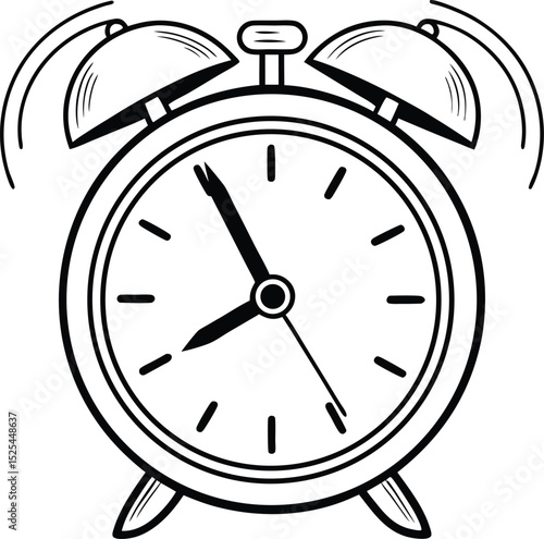 Alarm clock silhouette, ringing clock icon, vintage timepiece vector, black wakeup symbol, simple time graphic
