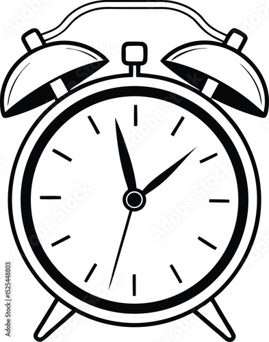Alarm clock silhouette, ringing clock icon, vintage timepiece vector, black wakeup symbol, simple time graphic