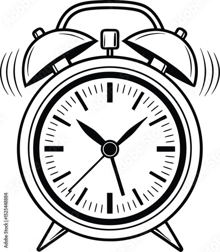 Alarm clock silhouette, ringing clock icon, vintage timepiece vector, black wakeup symbol, simple time graphic