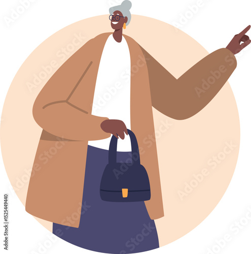 Stylish grandmother pointing hand aside