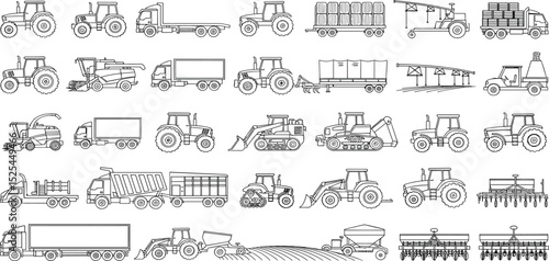  Vehicle agricultural forestry transport line icon set. Vector pictograms of skidder, trailer, irrigation, hose, seed, drill, grain, silage, fertilizer, livestock, thin linear illustration..