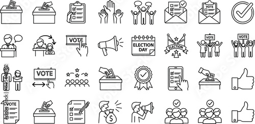  Voting, election line icon set. Vector pictograms of democratic processes, civic participation, ballot boxes, candidates, debates, voter engagement, checkmark thin linear illustration