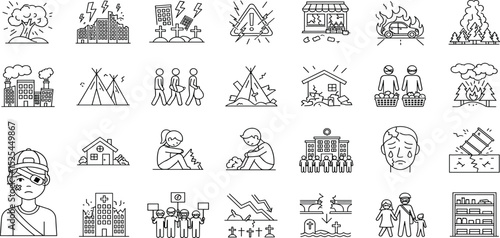 War Consequences line icon set. Vector pictograms of destruction, displacement, humanitarian crises, refugee camp, mass migration, power outage, graveyard, orphan child thin linear illustration..