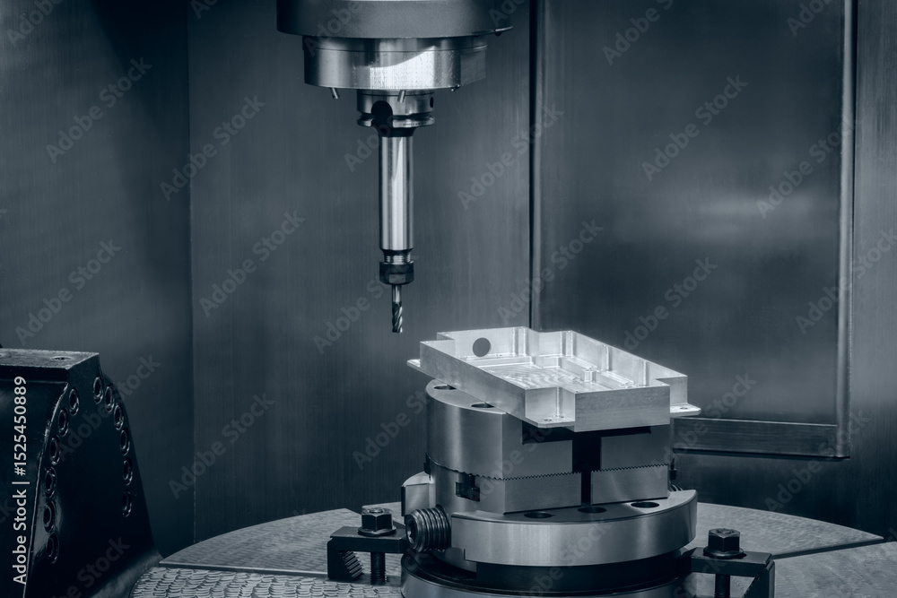 CNC machine is cutting a piece of metal. The machine is very precise and has a lot of detail CNC machine is cutting a piece of metal. The machine is very precise and has a lot of detail