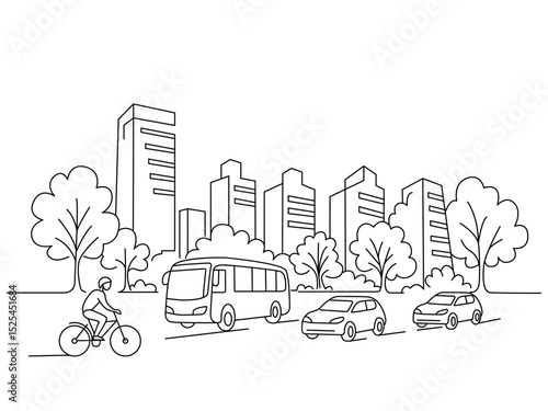 continuous one line sketch of modern metropolis city and urban transport. town and park. flat vector illustration isolated on white background. silhouette