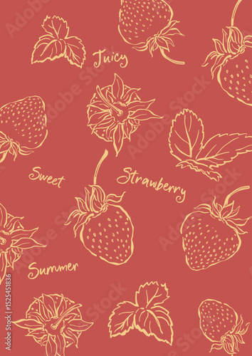 Vector berries poster of juicy linear strawberries and leaves. Hand-drawn garden harvest sketch. Organic farm graphics. Tasty food for design, veggie market drawing print, fabric or background.
