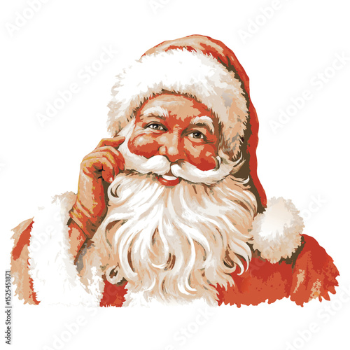 Vintage Santa Claus Illustration with Thoughtful Expression and White Background