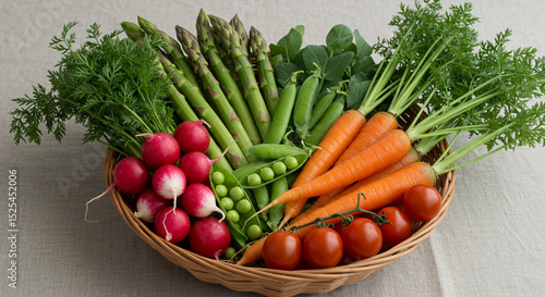 A basket filled with fresh vegetables including asparagus carrots radishes peas and cherry tomatoes
