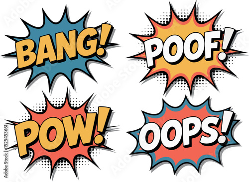 four dynamic comic book sound effect bubbles. Words like "BANG!", "POOF!", "POW!", and "OOPS!" are displayed in stylized bursts. 