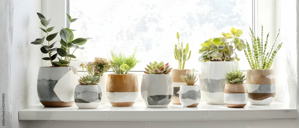 Fototapeta premium Succulent plants in ceramic pots on white shelf with natural light Trendy decor concept for wellness and interior blogs.