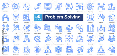 Problem Solving icon set contains 50 icons including, cognitive training, inspection, technical skills, resources, shaping, reduce cost, knowledge, simple vector blue style