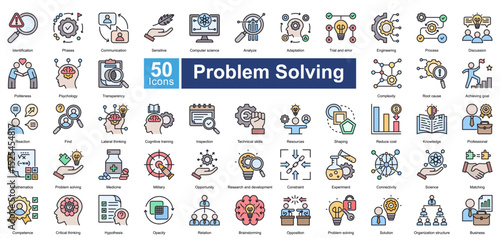 Problem Solving icon set contains 50 icons including, critical thinking, hypothesis, opacity, politeness, sensitive, computer science, analyze, adaptation, simple vector blue style