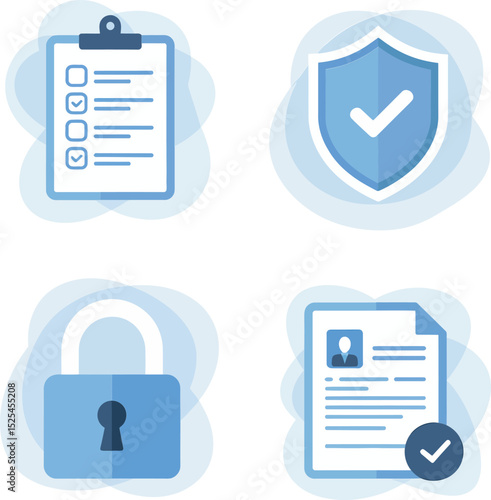 Access control icons. Security checklist, confirmed protection badge, locked system, certified business paperwork  