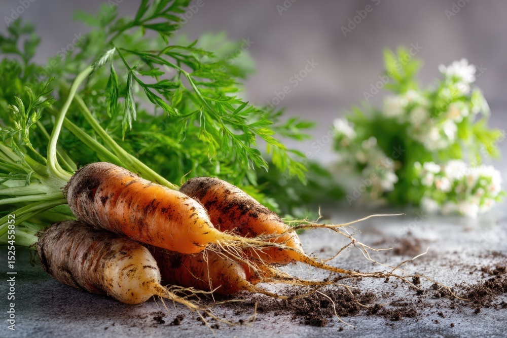 Obraz premium Freshly harvested carrots with green tops, resting on a textured surface, surrounded by soil and delicate white flowers, showcasing organic produce and natural beauty.Harvest