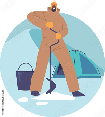 Fisherman drilling ice for fishing