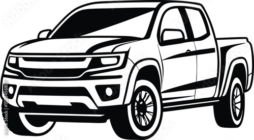 Pickup truck silhouette, vehicle icon vector, black transport symbol, minimal automotive design, utility car graphic