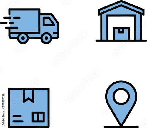 Supply chain logistics icons. Cardboard box, location tracking pin, warehouse delivery, transportation process