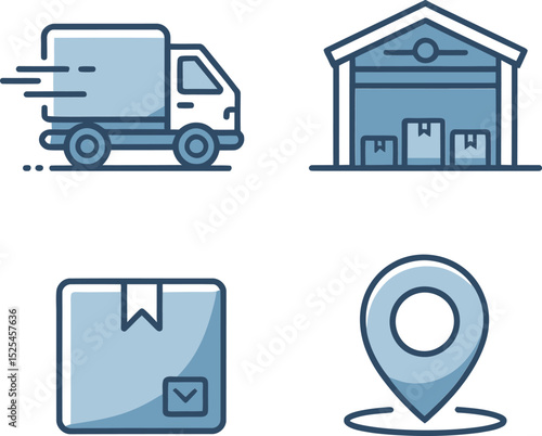 Freight management icons. Package transport, moving truck, route map, destination logistics hub vector elements