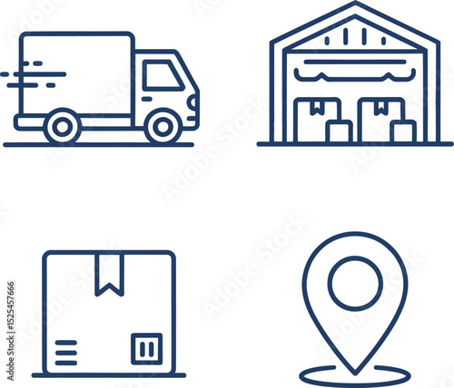 B2B shipping icons. Transport truck, delivery point, dockhouse, logistics warehouse professional icon collection