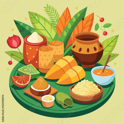 Colorful Festive Indian Holi Food and Drink Illustration with Natural Elements