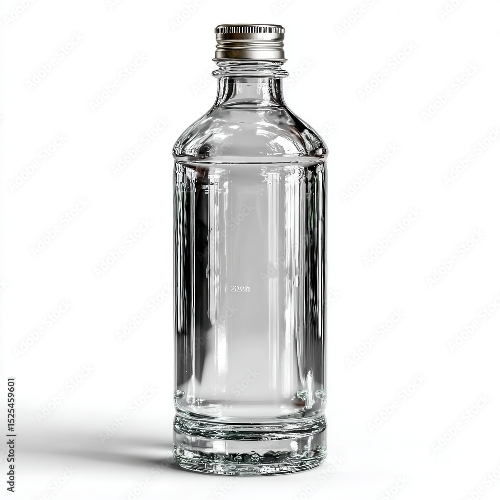 Transparent glass bottle with a metal cap, standing upright on a white background. Transparent glass bottle with a metal cap, standing upright on a white background.