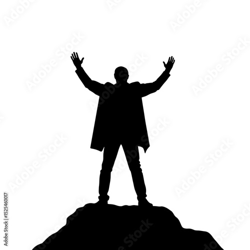 Man standing triumphantly on a rock with arms raised against white background  