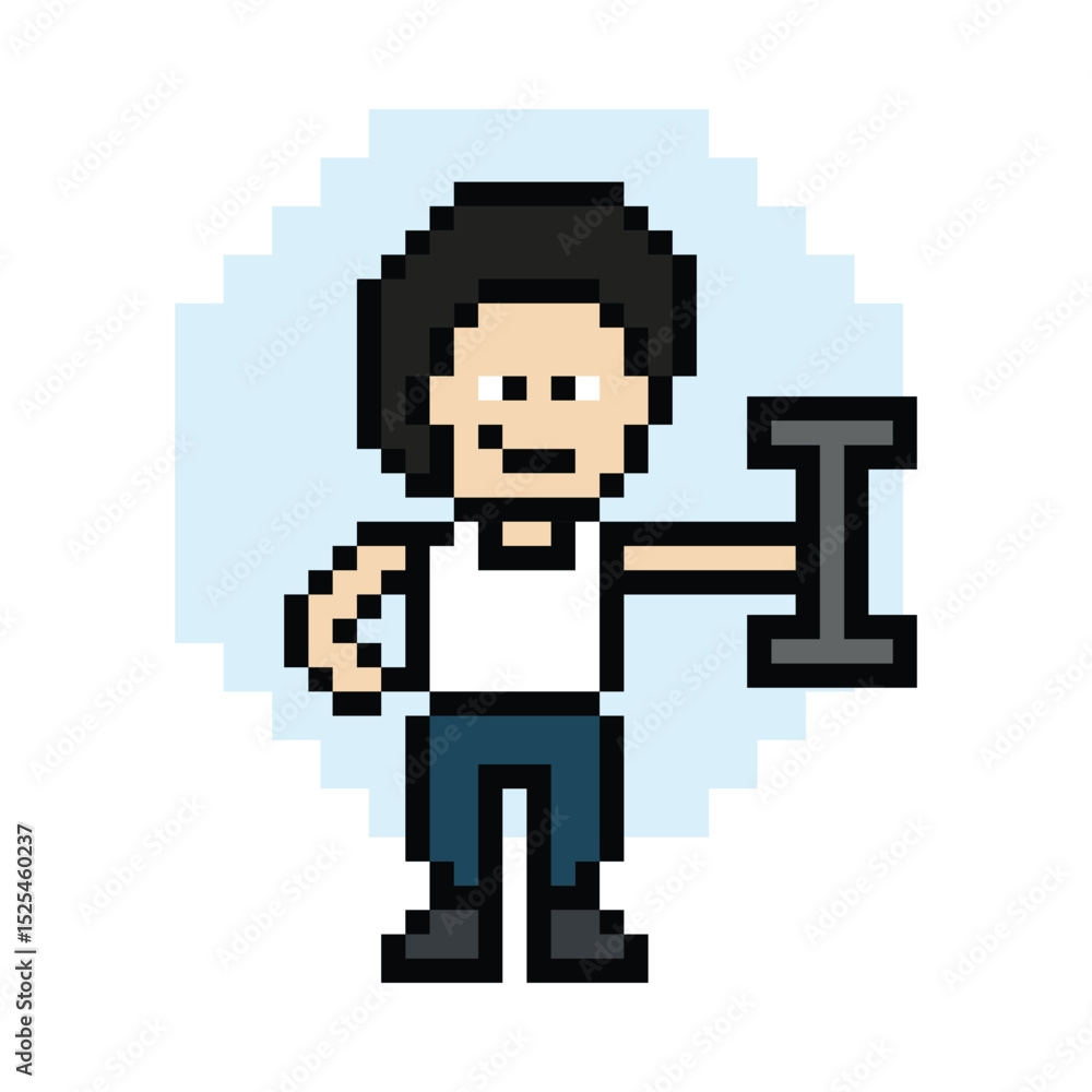 Fototapeta premium Cute pixel cartoon 8bit character man weight training b dumbbell lifestyle lifting gym decoration life style 8 bit male boy weight fitness isolated game 8bit PNG vector.