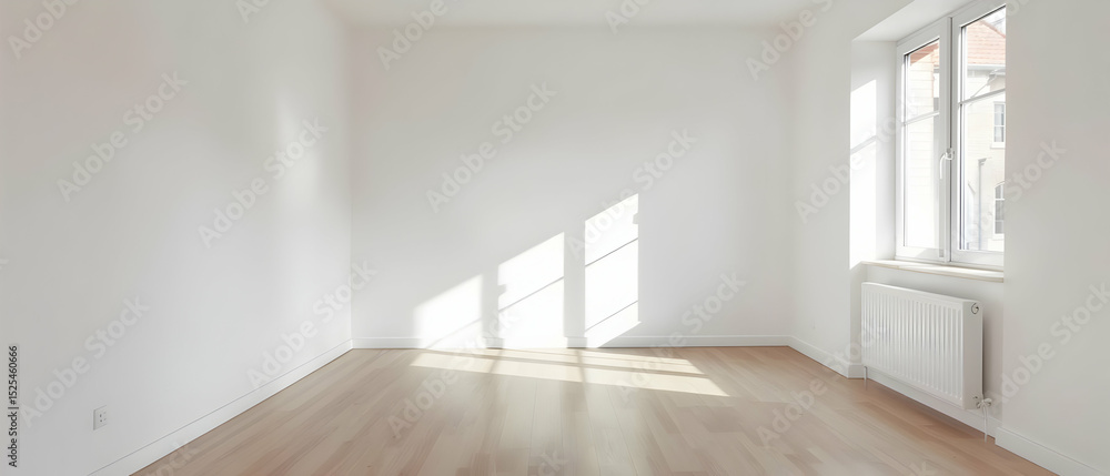 Fototapeta premium Empty white room with sunlight and clean wooden flooring Frequently used in real estate and renovation concepts.