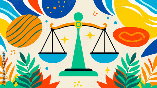 Colorful scales of justice illustration surrounded by vibrant shapes  