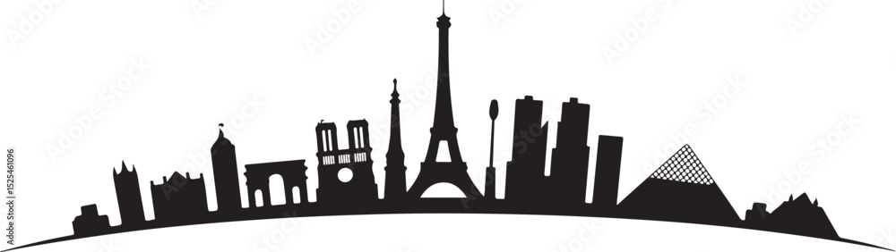 Obraz premium Panoramic silhouette of the Paris, France cityscape. A simple black and white vector graphic icon of famous French architecture, isolated on a white background.