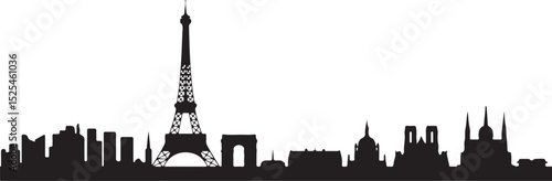 Panoramic silhouette of the Paris, France cityscape. A simple black and white vector graphic icon of famous French architecture, isolated on a white background.