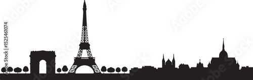 Panoramic silhouette of the Paris, France cityscape. A simple black and white vector graphic icon of famous French architecture, isolated on a white background.