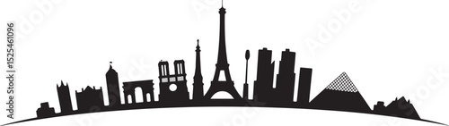 Panoramic silhouette of the Paris, France cityscape. A simple black and white vector graphic icon of famous French architecture, isolated on a white background.