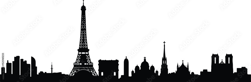Obraz premium Panoramic silhouette of the Paris, France cityscape. A simple black and white vector graphic icon of famous French architecture, isolated on a white background.
