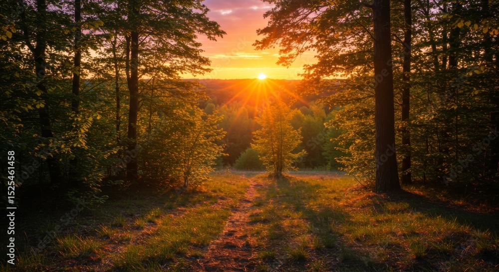 Fototapeta premium Sunset Over a Green Forest Landscape