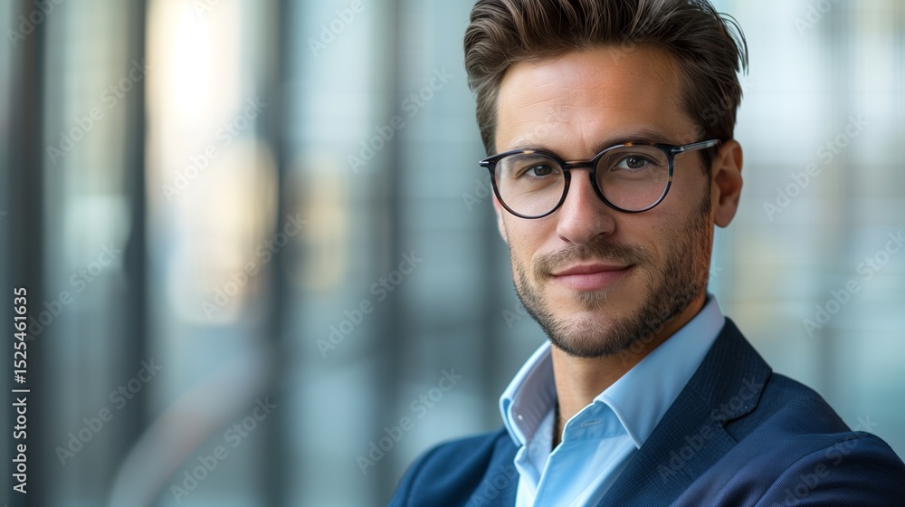 perfectly composed portrait of a businessman wearing glasses and a sleek new blue suit, perfectly composed portrait of a businessman wearing glasses and a sleek new blue suit,