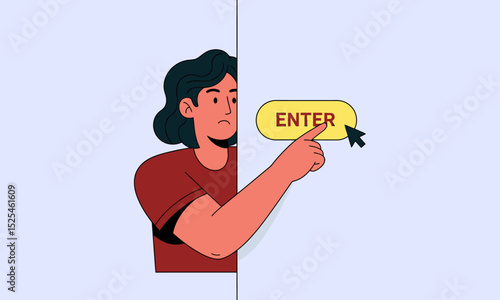  Person Clicking "Enter" Button.  An illustration of a person with a cursor and hand pointing to an "ENTER" button, representing online login, submission, or accessing content.