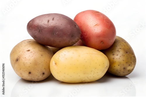 A pile of mixed whole potatoes in various colors on a white background.