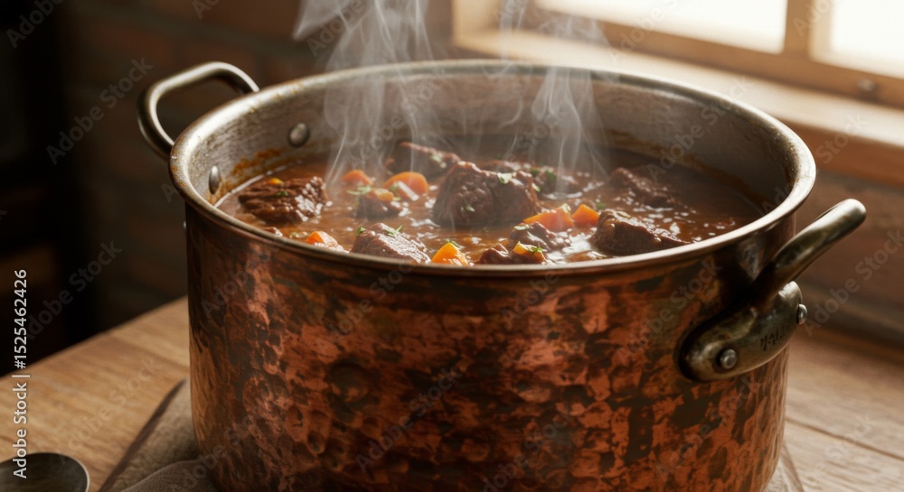 Steaming Hearty Stew in Rustic Copper Pot on Wooden Table Steaming Hearty Stew in Rustic Copper Pot on Wooden Table